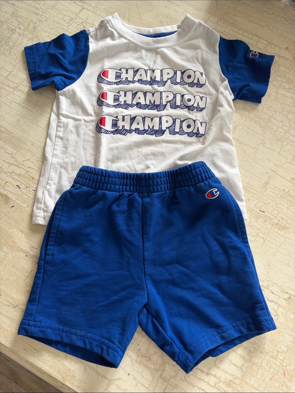 Champion White Tee with Blue Sleeves and Blue Shorts Set